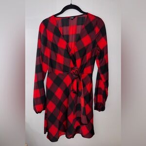 Express Red and Black Plaid Dress with Waist Tie